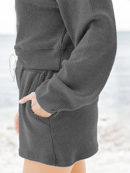 Ribbed Round Neck Long Sleeve Top and Shorts Set-Nordavory