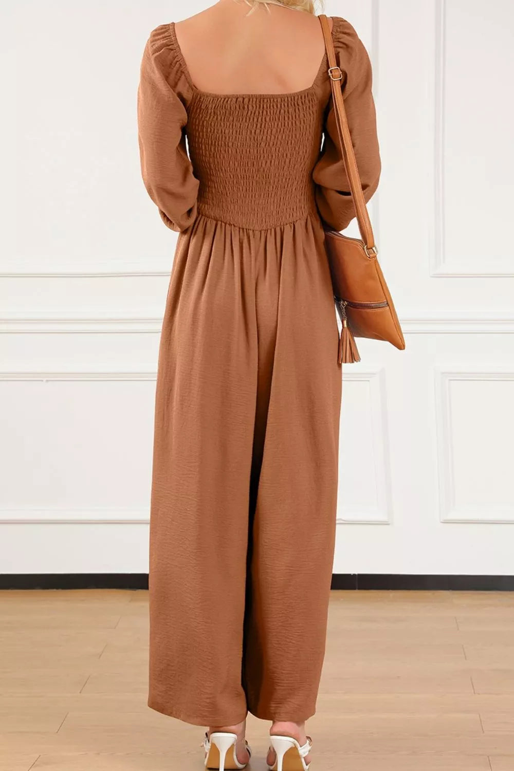 Boho Smocked Square Neck Wide Leg Jumpsuit-Nordavory