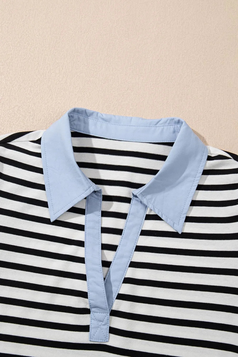 Stripe Contrast V Neck Collared Puff Sleeve T Shirt Mini Dress with Pockets-Nordavory
