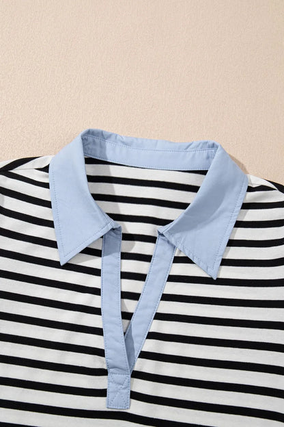 Stripe Contrast V Neck Collared Puff Sleeve T Shirt Mini Dress with Pockets-Nordavory