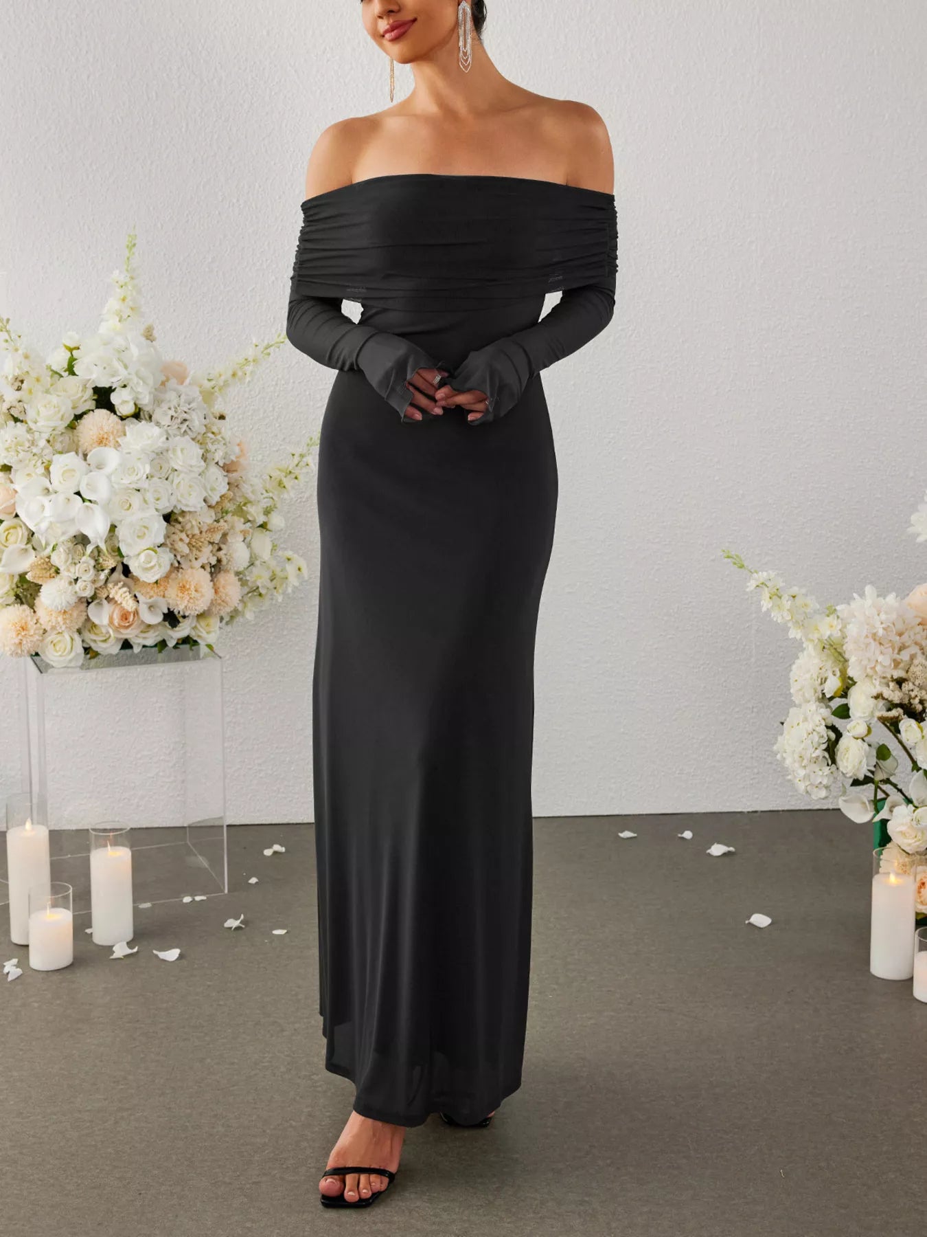 Off-Shoulder Ruched Long Sleeve Maxi Dress-Nordavory
