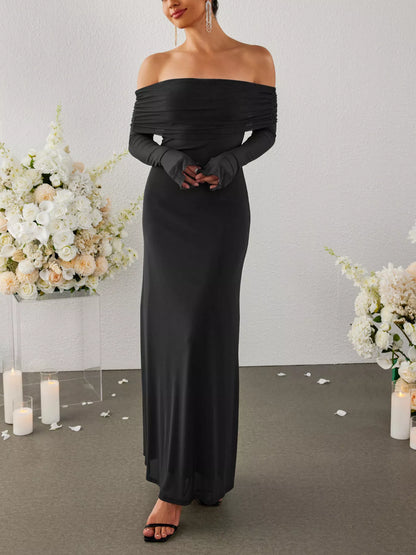 Off-Shoulder Ruched Long Sleeve Maxi Dress-Nordavory