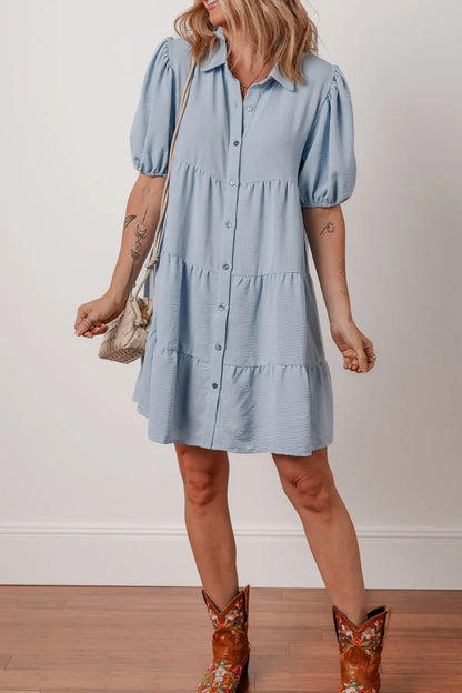 Button Up Puff Sleeve Tiered Shirt Dress-Nordavory