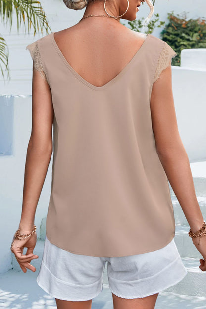 Lace Detail Eyelash Trim V-Neck Tank-Nordavory