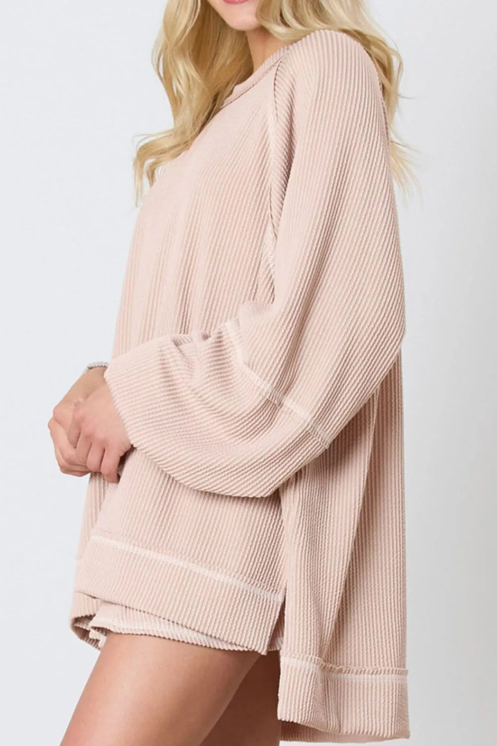 Texture Round Neck Long Sleeve Top and Skirt Set-Nordavory