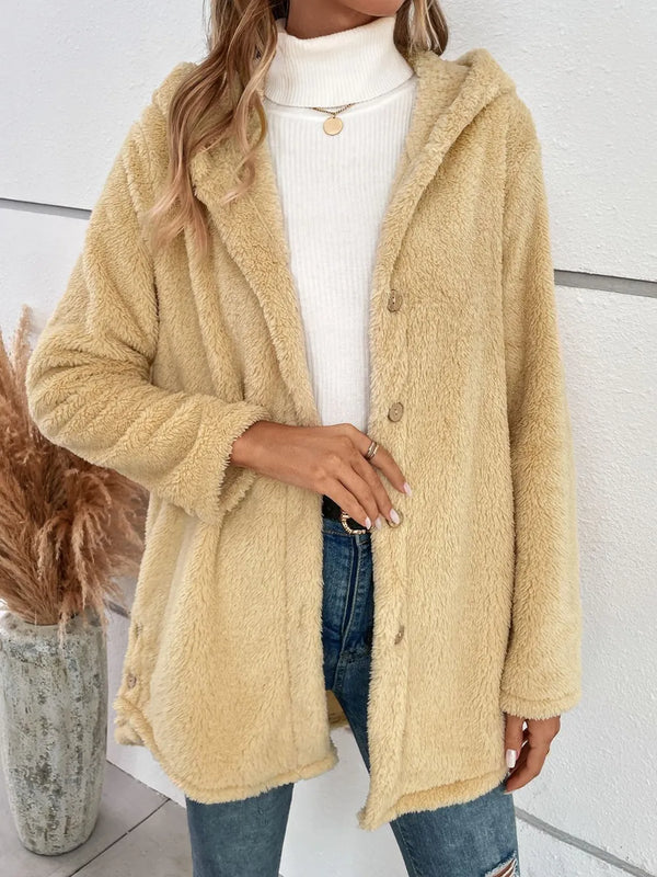 Fuzzy Button Up Hooded Jacket-Nordavory