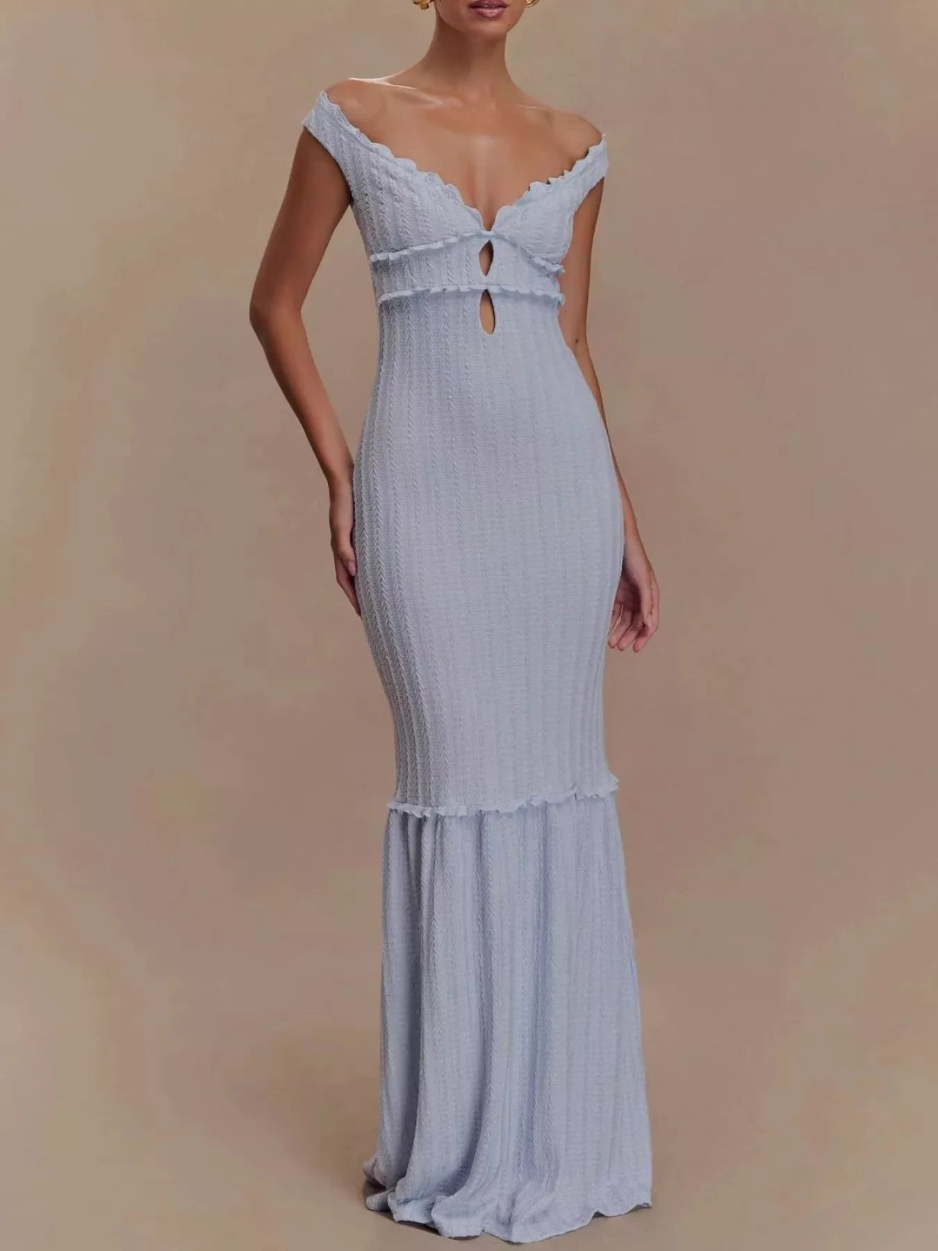 Frill Off-Shoulder Knit Maxi Mermaid Dress-Nordavory