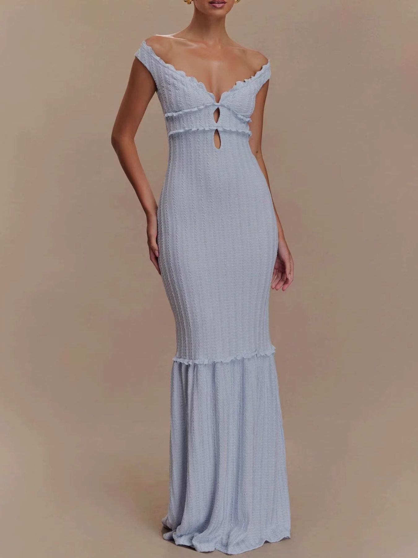 Frill Off-Shoulder Knit Maxi Mermaid Dress-Nordavory