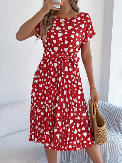 Heart Print Belted Pleated Midi Dress-Nordavory