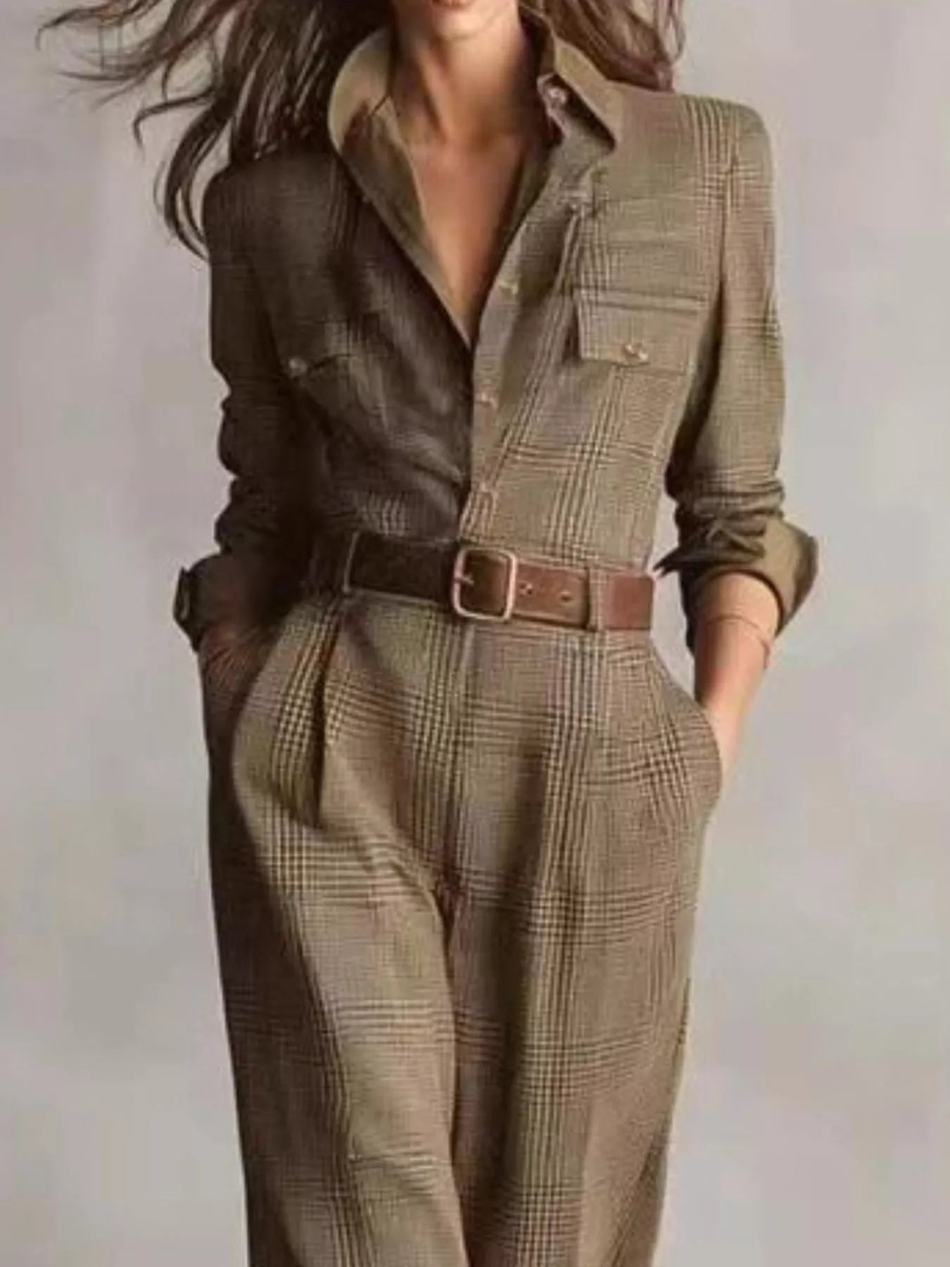 Button Front Long Sleeve Jumpsuit-Nordavory