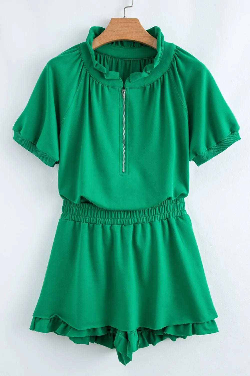 Frill Zip Front Puff Sleeve Top and Skort Set-Nordavory