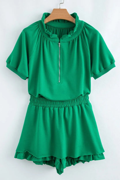 Frill Zip Front Puff Sleeve Top and Skort Set-Nordavory