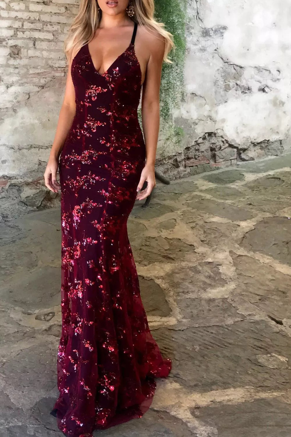 Full Size Sequin Tie Back V-Neck Maxi Dress Plus Size-Nordavory
