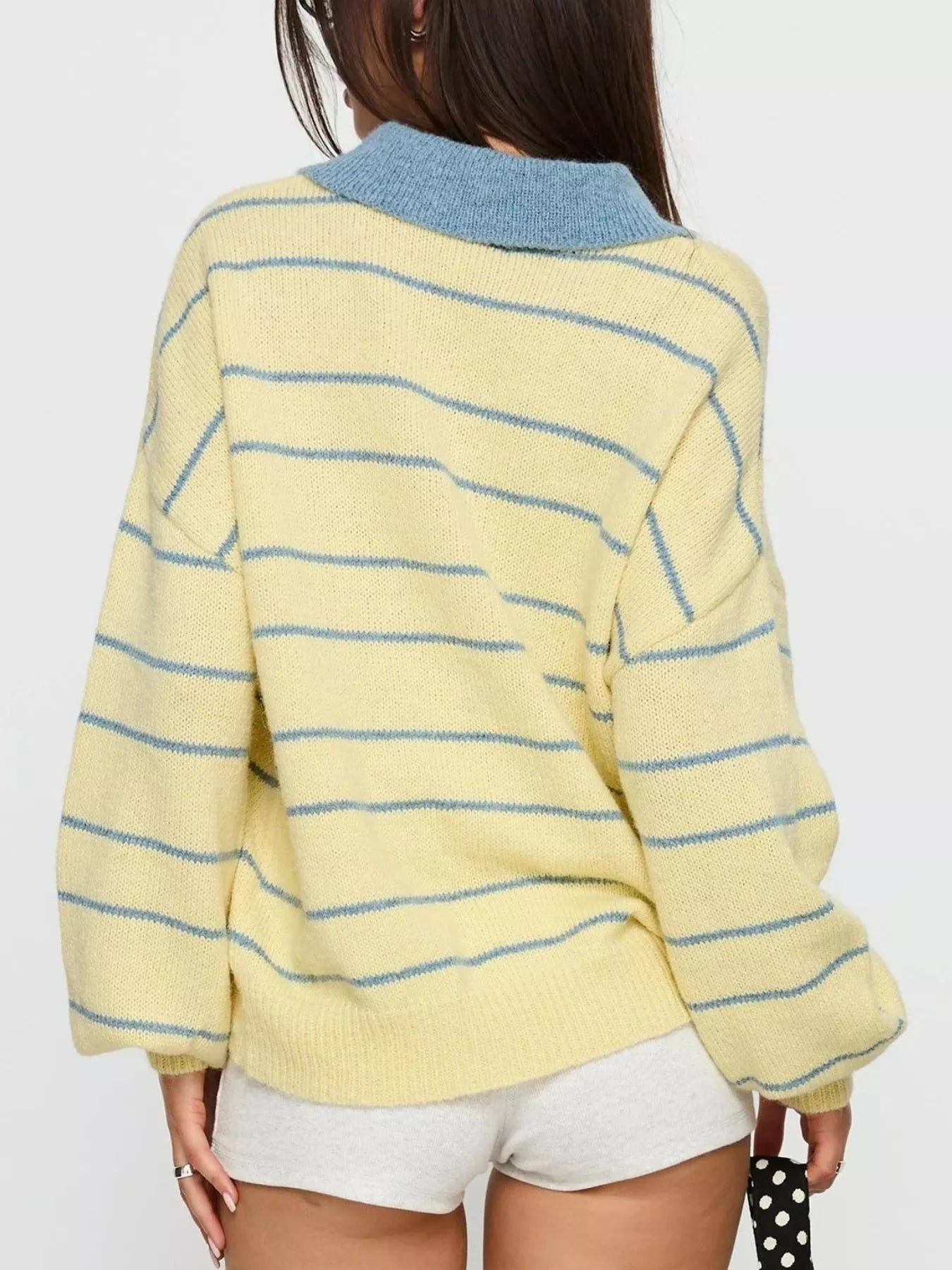 Striped Polo Collar Long Sleeve Sweater-Nordavory