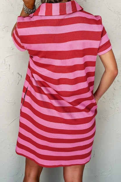 Casual Striped Polo Collar T-Shirt Dress-Nordavory
