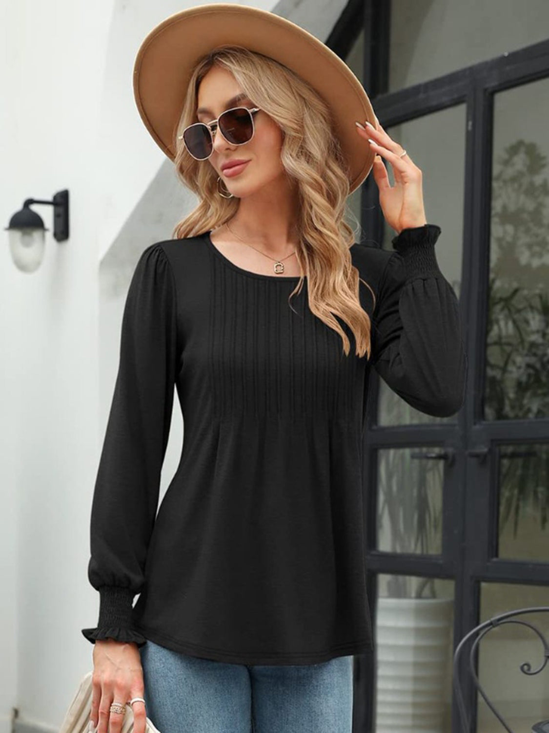 Smocked Round Neck Lantern Sleeve Blouse-Nordavory