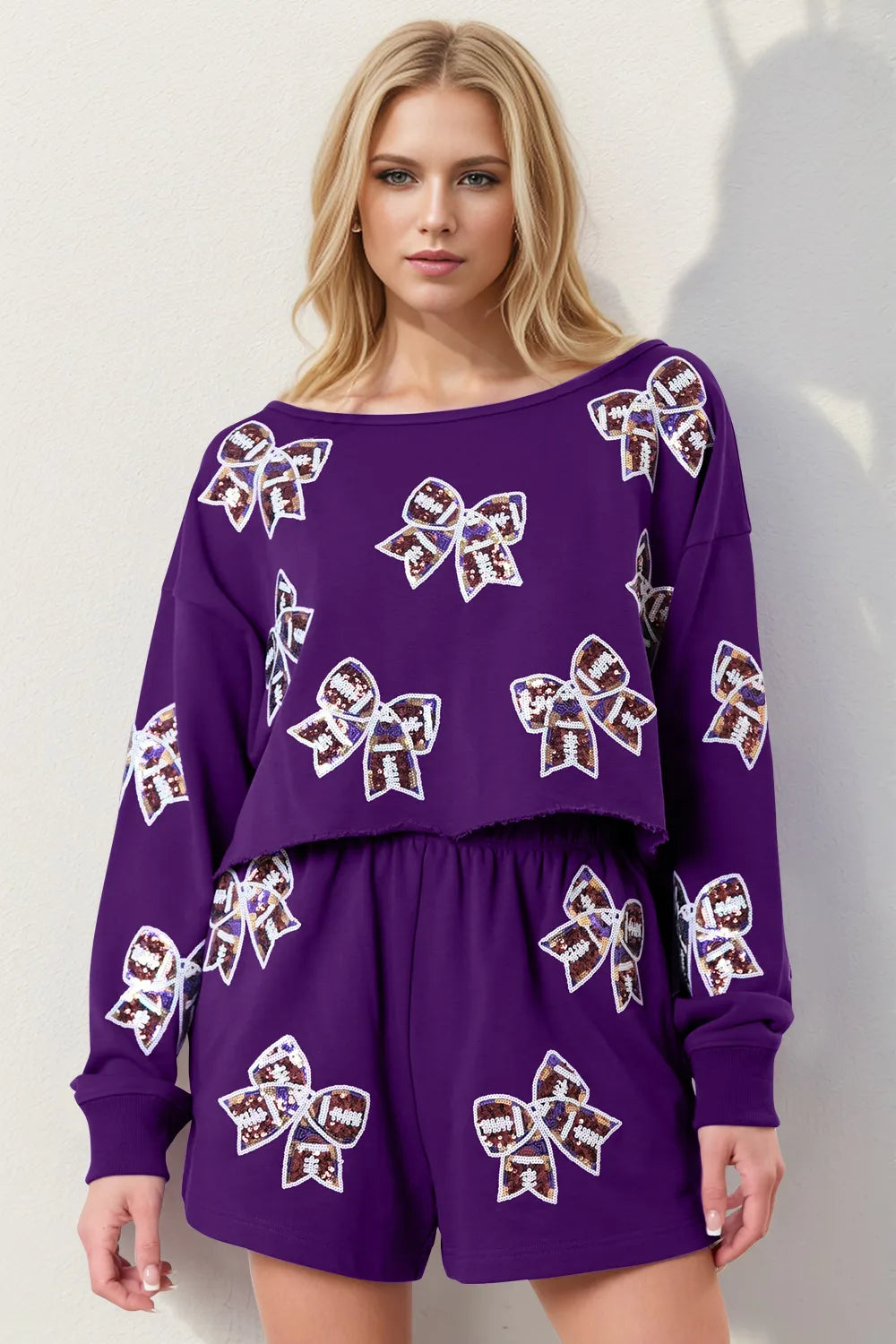 Double Take Sequin Bow Cropped Top and Shorts Set-Nordavory
