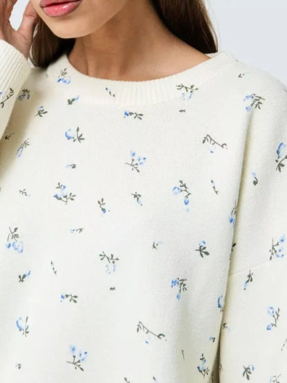 Ribbed Hem Floral Long Sleeve Sweater-Nordavory