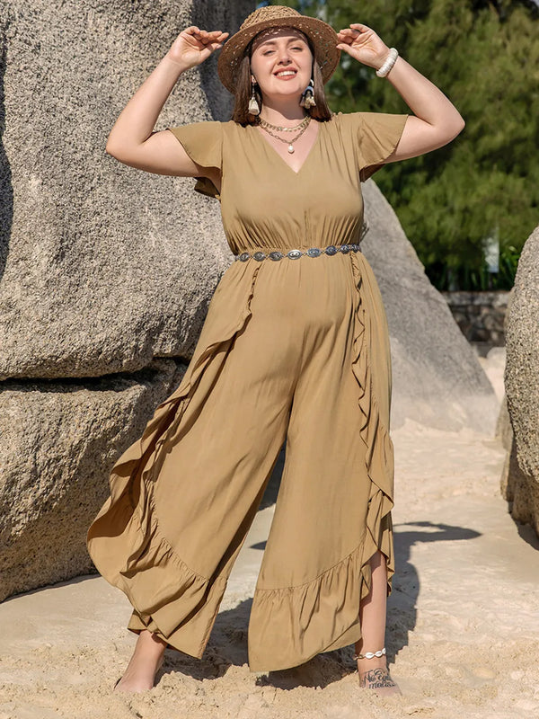 Plus Size Slit Ruffled V-Neck Jumpsuit-Nordavory