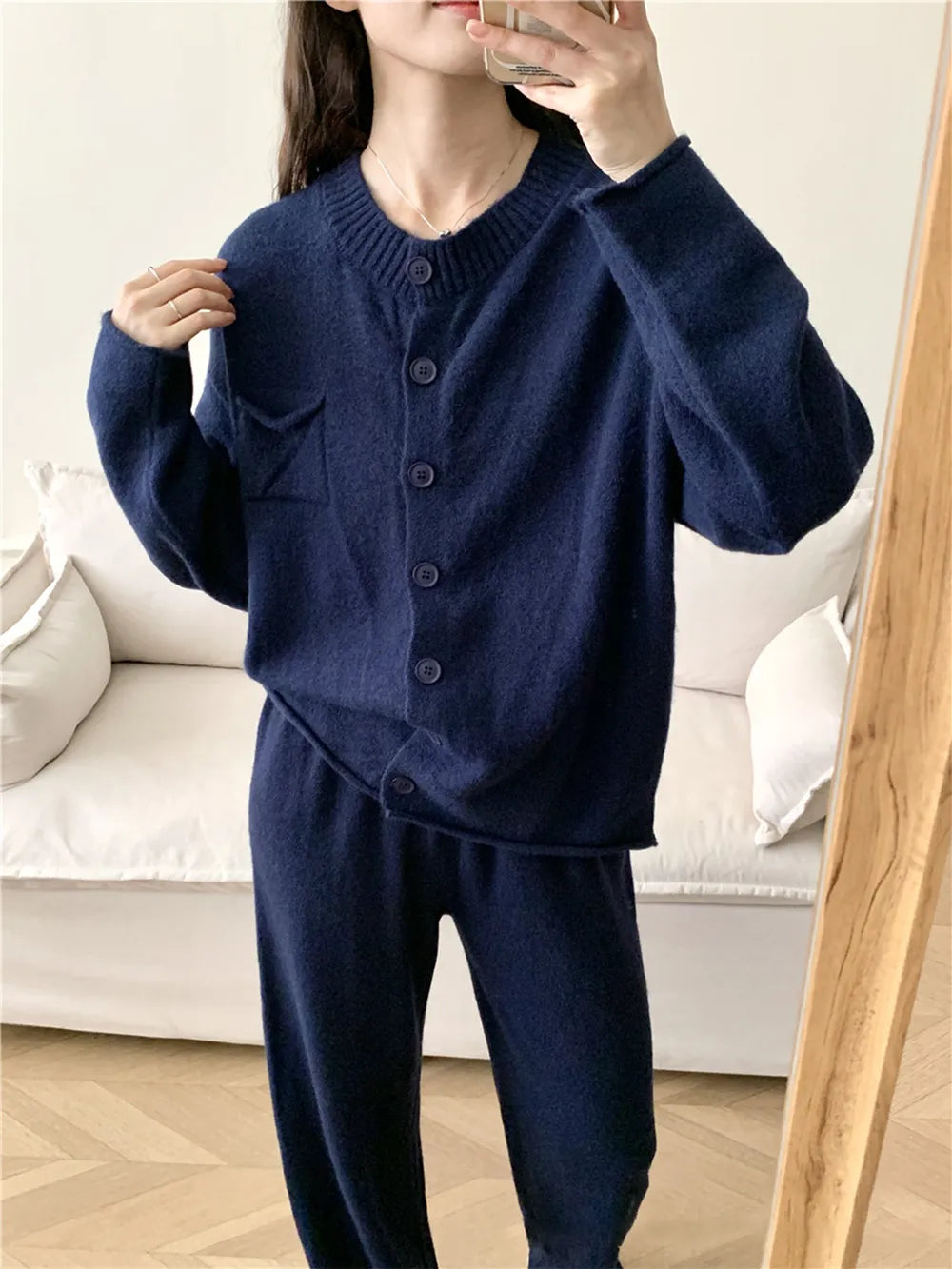 Pocketed Round Neck Button Up Cardigan and Pants Sweater Set-Nordavory