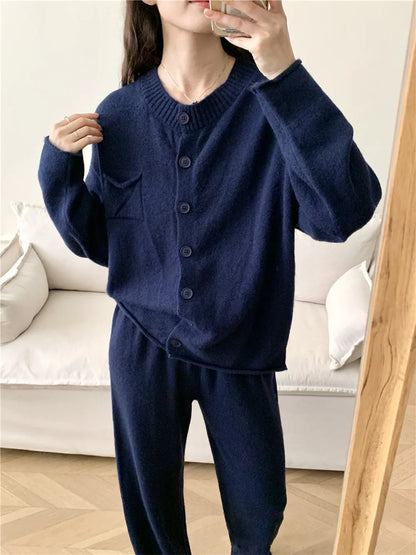 Pocketed Round Neck Button Up Cardigan and Pants Sweater Set-Nordavory