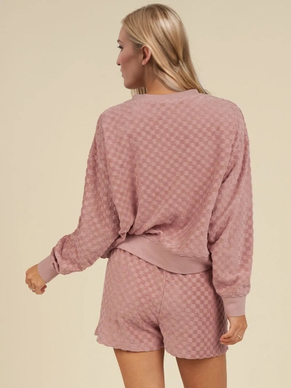 Oh Checkered Round Neck Long Sleeve Top and Shorts Set-Nordavory