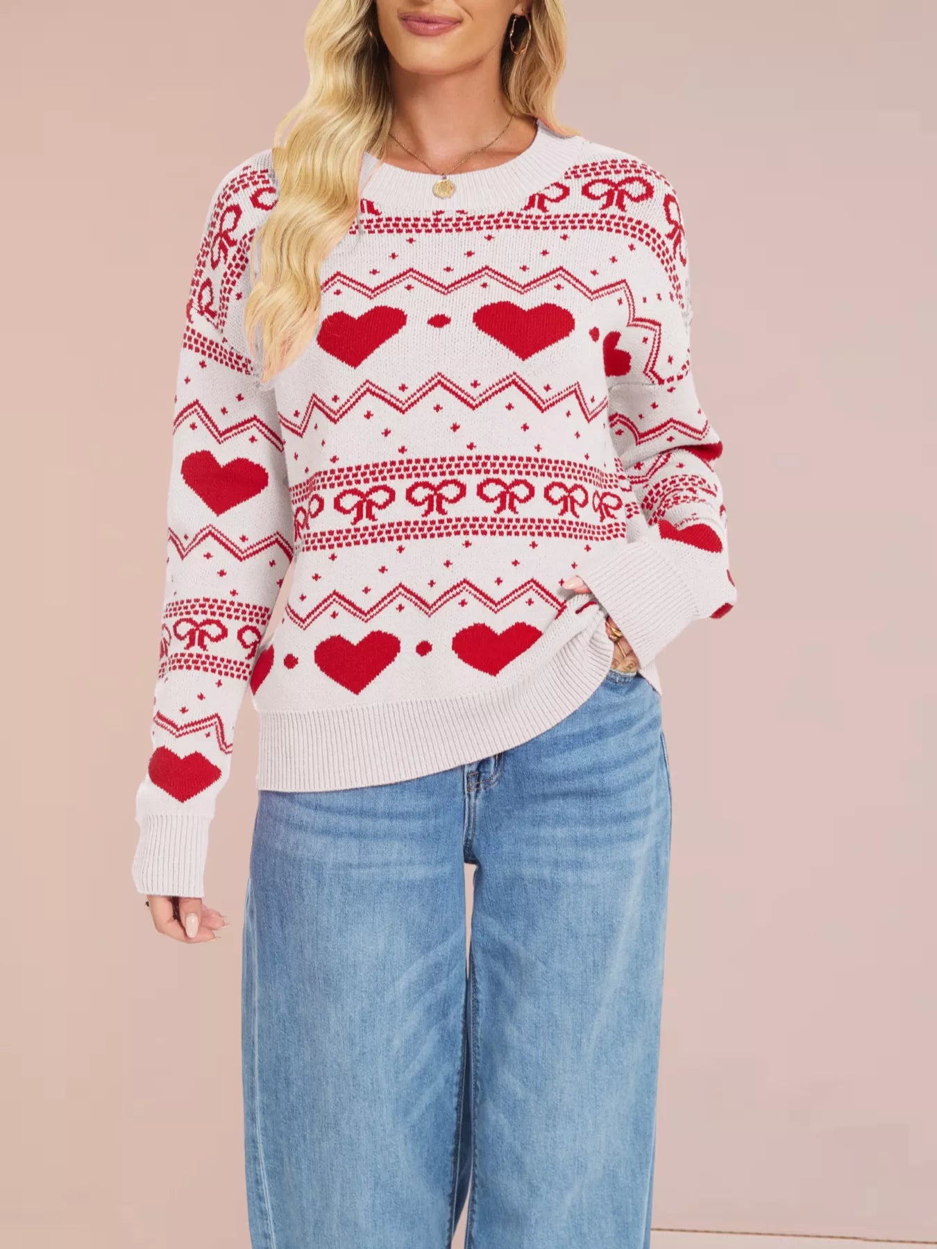 Heart & Bow Pattern Round Neck Sweater-Nordavory