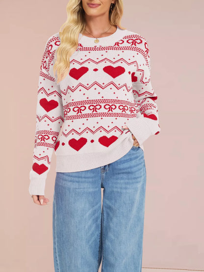 Heart & Bow Pattern Round Neck Sweater-Nordavory