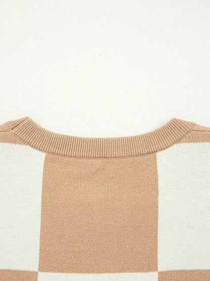 Checkered Pattern Loose Drop Shoulder Half Sleeve Sweater-Nordavory