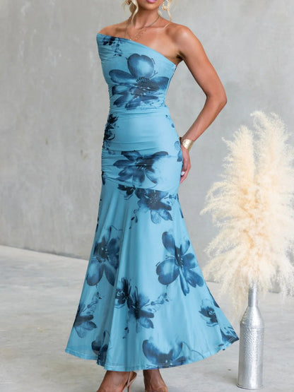 Floral Print One-Shoulder Ruched Maxi Dress-Nordavory