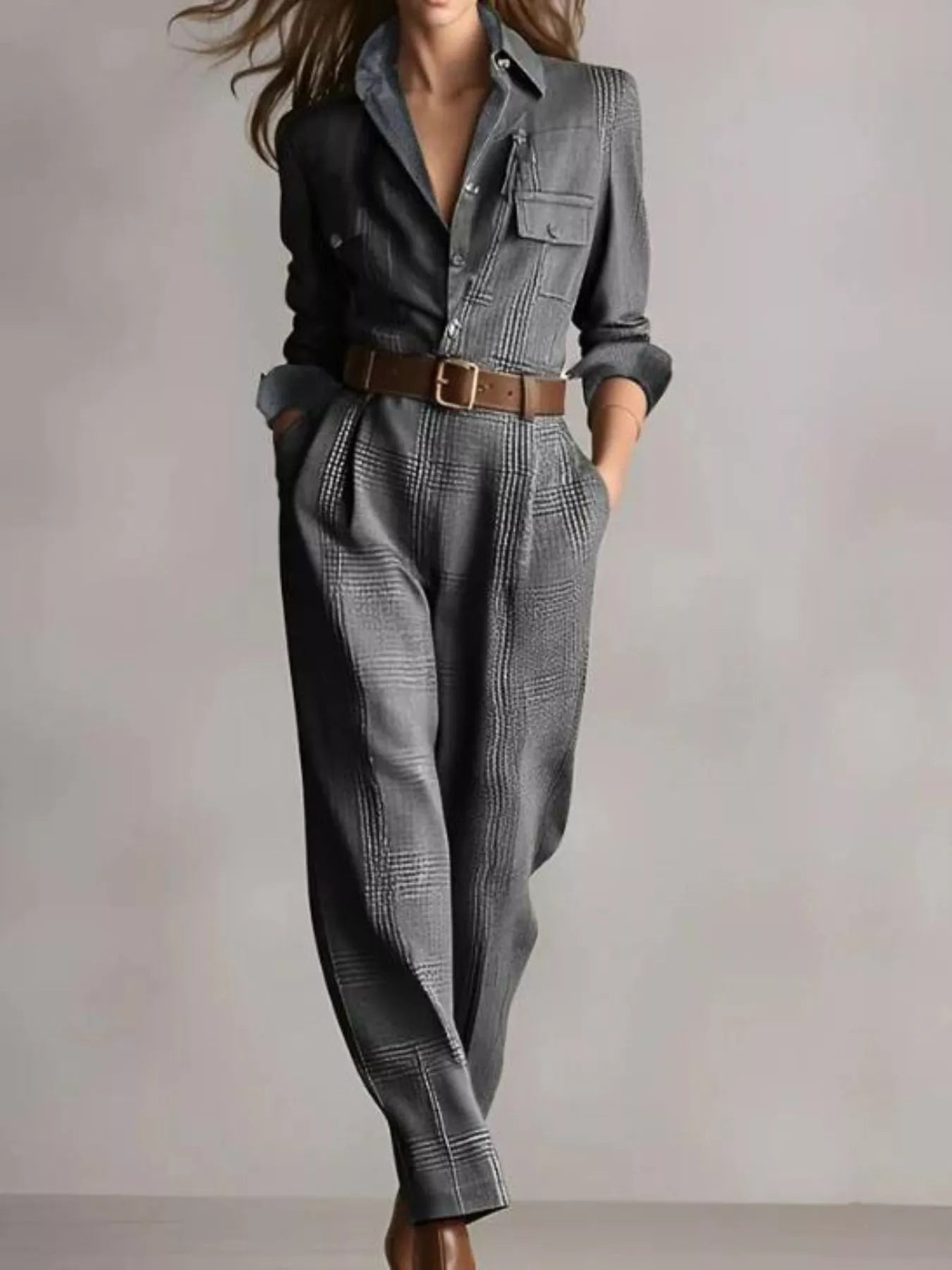 Button Front Long Sleeve Jumpsuit-Nordavory