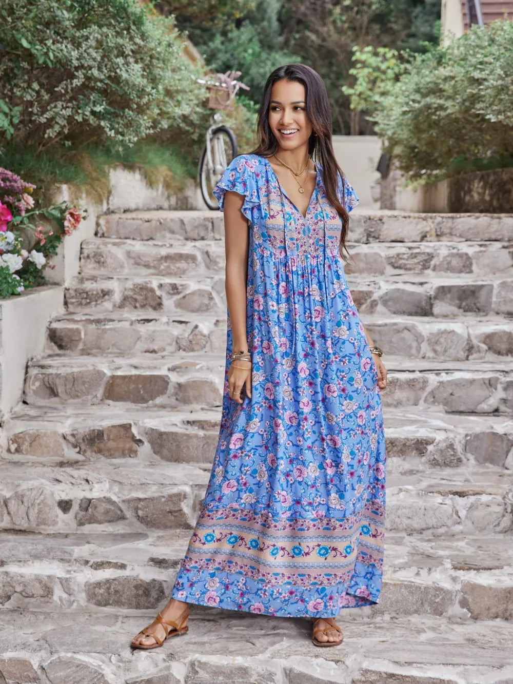 Ruffled Printed Tie Neck Cap Sleeve Dress-Nordavory