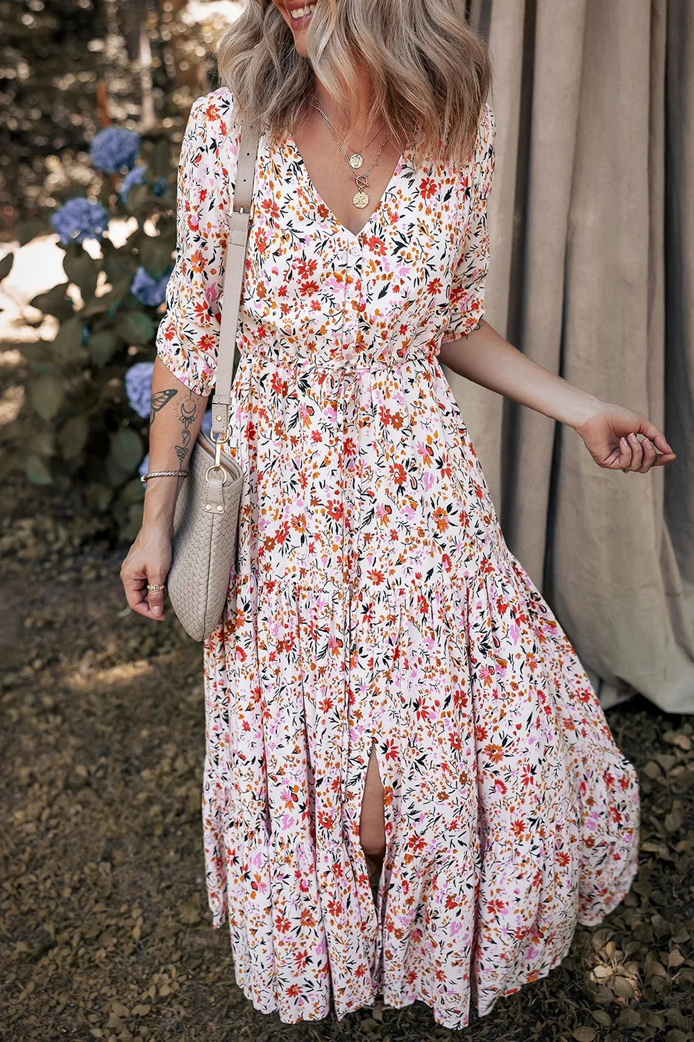 Boho Half Sleeve Floral V Neck Maxi Dress-Nordavory