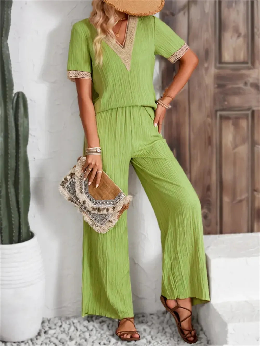 V-Neck Short Sleeve Top and Pants Set-Nordavory