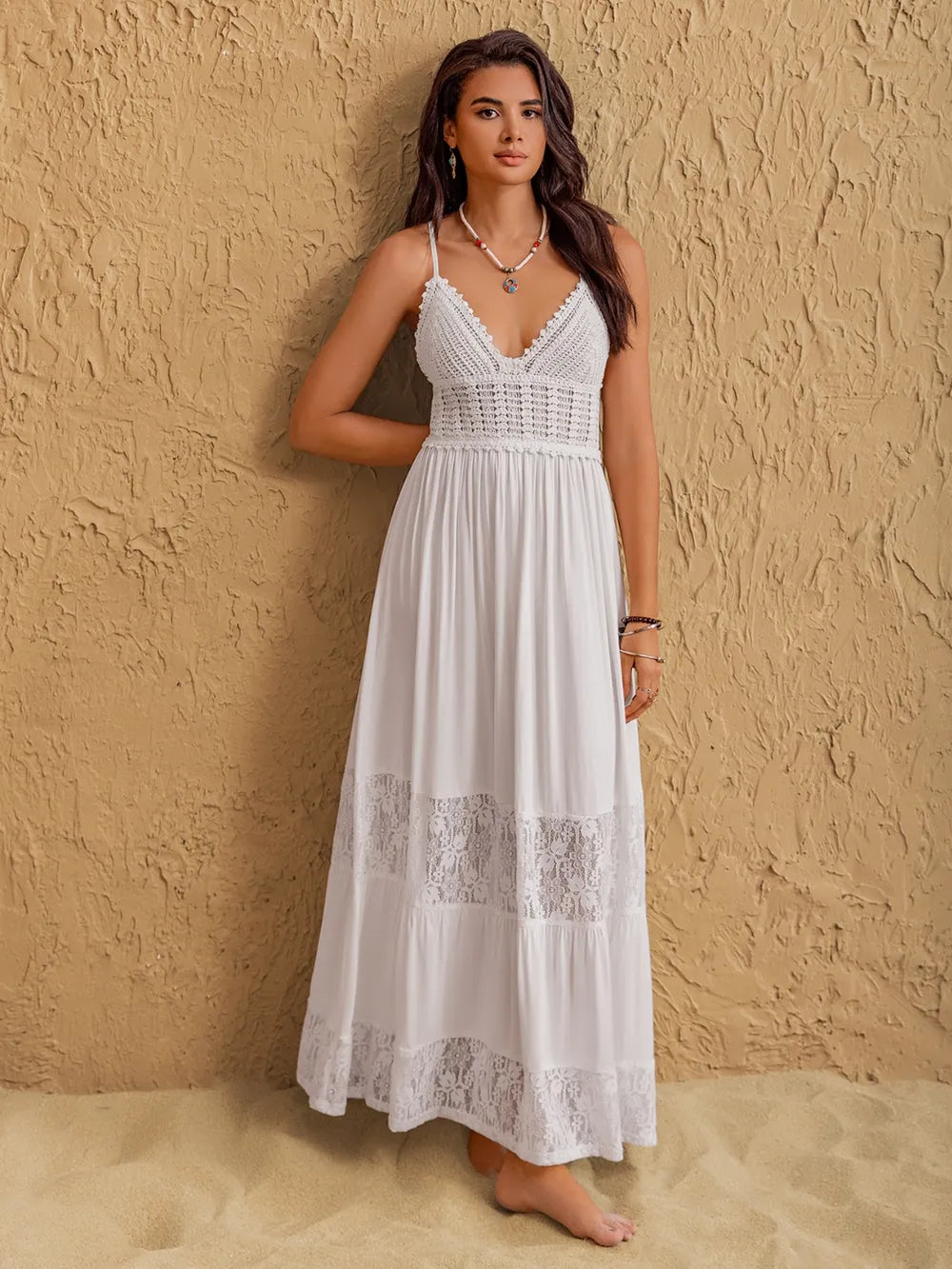 Lace Detail Crochet Tiered Maxi Cami Dress-Nordavory