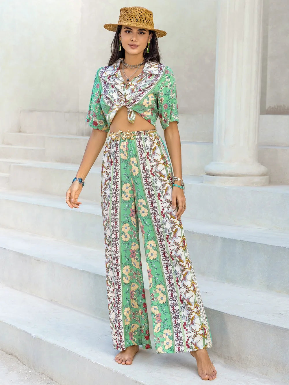Printed Half Sleeve Top and Wide Leg Pants Set-Nordavory