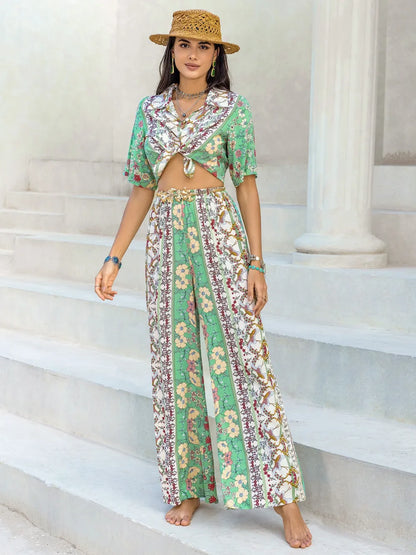 Printed Half Sleeve Top and Wide Leg Pants Set-Nordavory