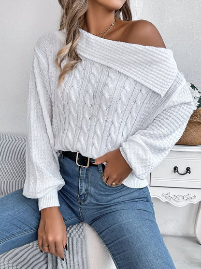 Off-Shoulder Cable Knit Sweater-Nordavory