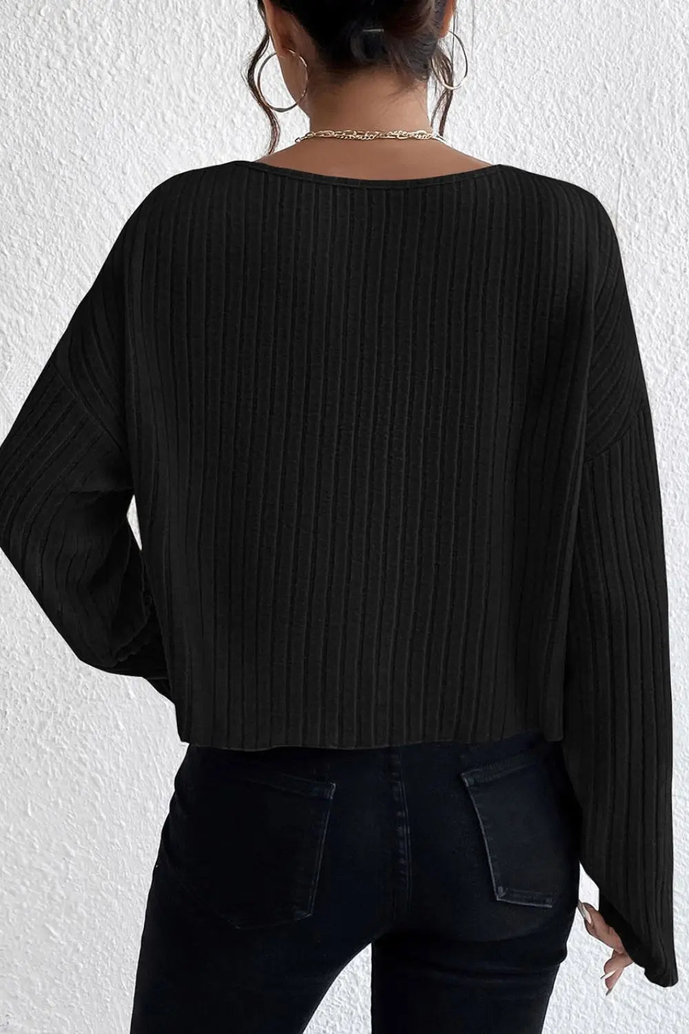 Ribbed Round Neck Drop Shoulder Long Sleeve Top-Nordavory