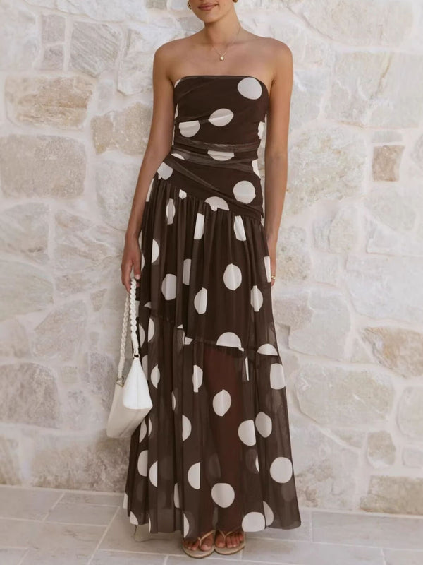 Polka Dot Strapless Ruched Maxi Dress-Nordavory