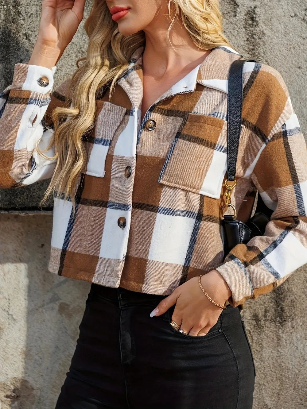 Plaid Collared Neck Cropped Jacket-Nordavory