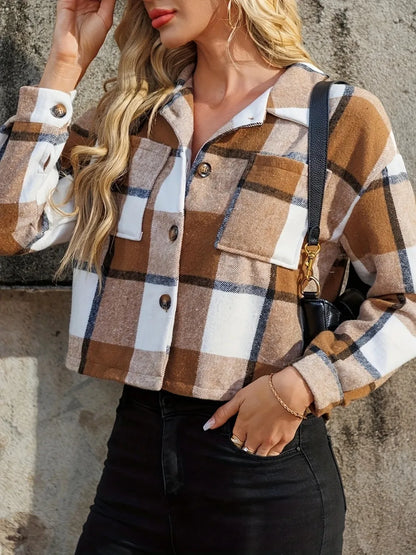 Plaid Collared Neck Cropped Jacket-Nordavory