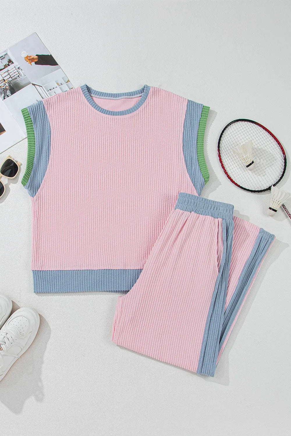 Contrast Round Neck Top and Pants Set-Nordavory
