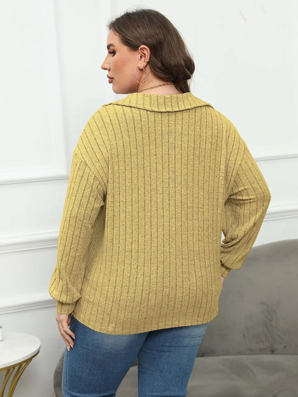 Plus Size Ribbed Collared Neck Long Sleeve Blouse-Nordavory