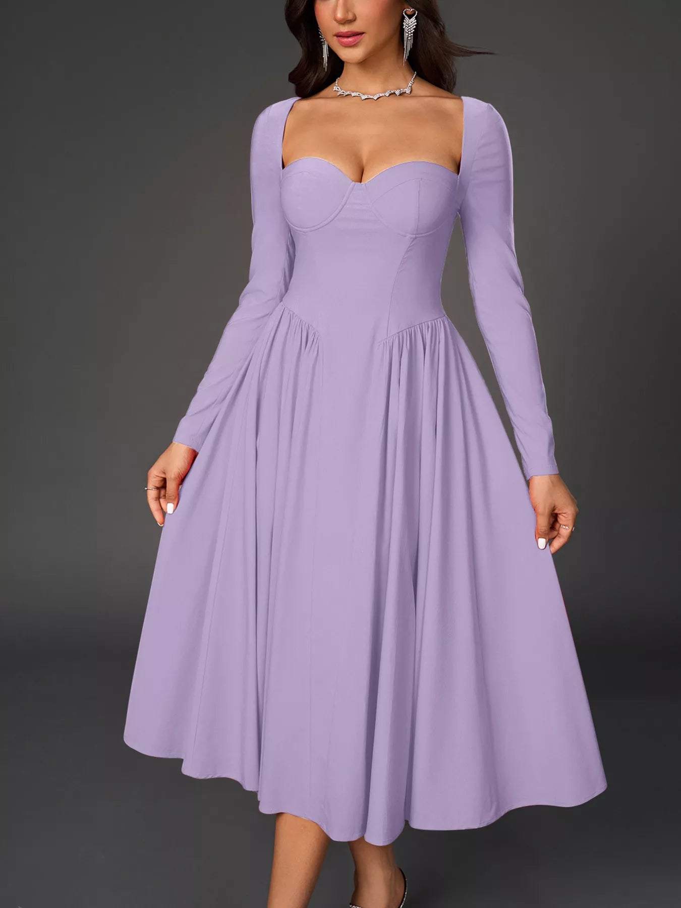 Sweetheart Neckline Long Sleeve A-Line Midi Dress-Nordavory