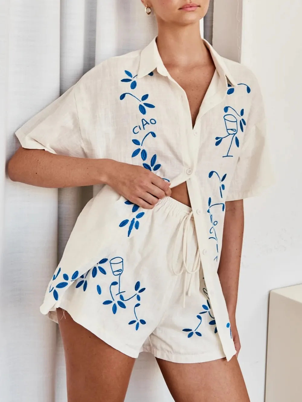 Embroidered Button Up Half Sleeve Top and Shorts Set-Nordavory