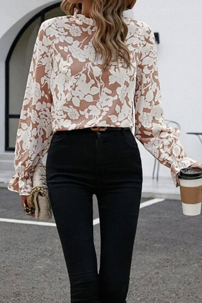 Floral Print Mock Neck Flounce Sleeve Blouse-Nordavory