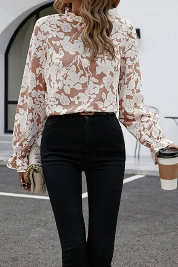 Floral Print Mock Neck Flounce Sleeve Blouse-Nordavory