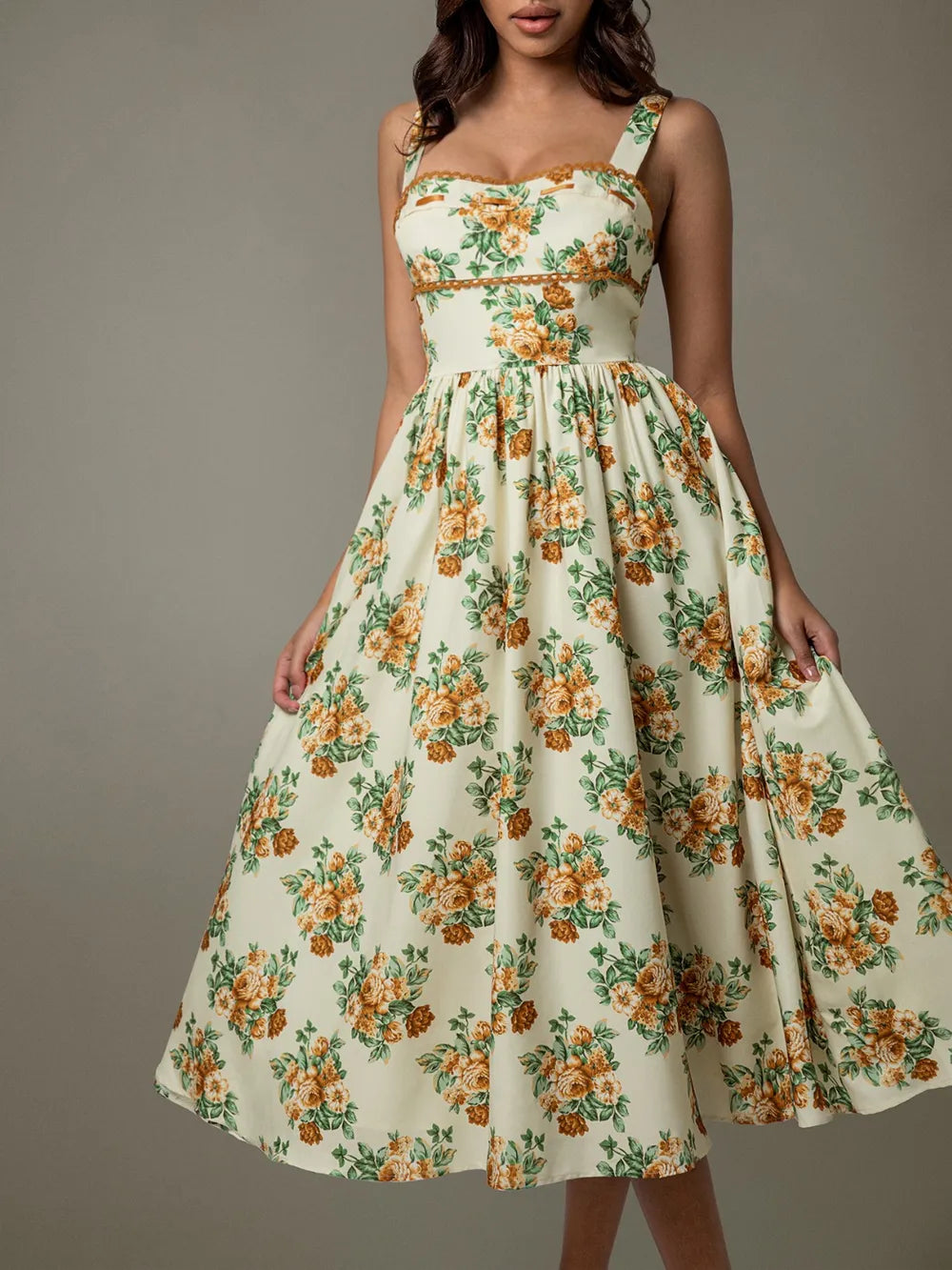 Lace Trim Floral Sleeveless Midi Dress-Nordavory