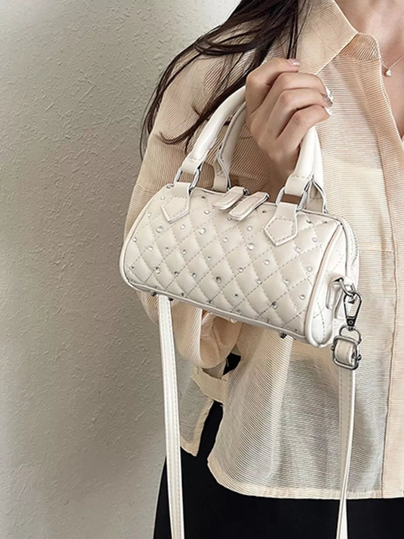 Quilted Barrel Handbag – Off-White PU Leather – image 5